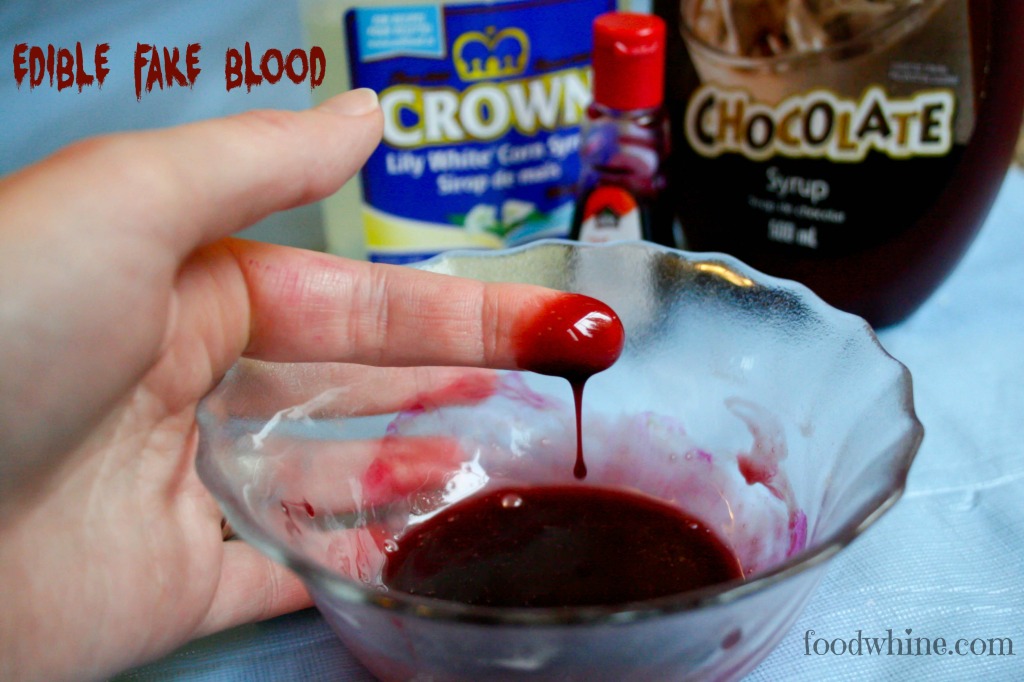 Make edible fake blood using 1 tbsp light corn syrup, 1/2 tbsp chocolate syrup, 4 drops red food coloring. Great for decorating Halloween treats or face painting. 